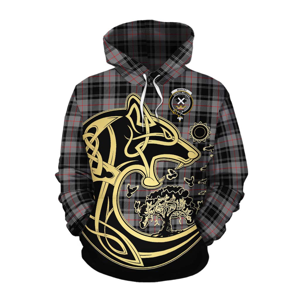 Tartan Vibes Clothing Moffat Tartan Cotton Hoodie with Family Crest Celtic Wolf Style