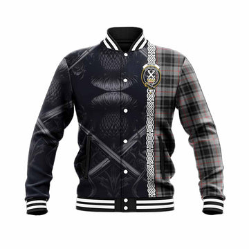 Moffat Tartan Baseball Jacket with Family Crest Cross Sword Thistle Celtic Vibes