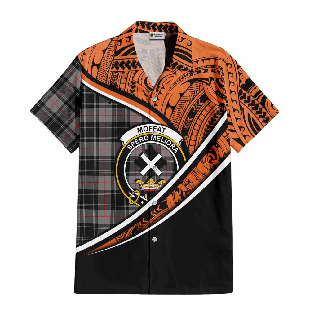 Tartan Vibes Clothing Moffat Crest Tartan Short Sleeve Button Shirt with Maori Tattoo Style - Orange Version