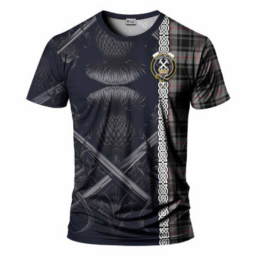 Moffat Tartan T-Shirt with Family Crest Cross Sword Thistle Celtic Vibes