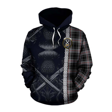 Moffat Tartan Cotton Hoodie with Family Crest Cross Sword Thistle Celtic Vibes