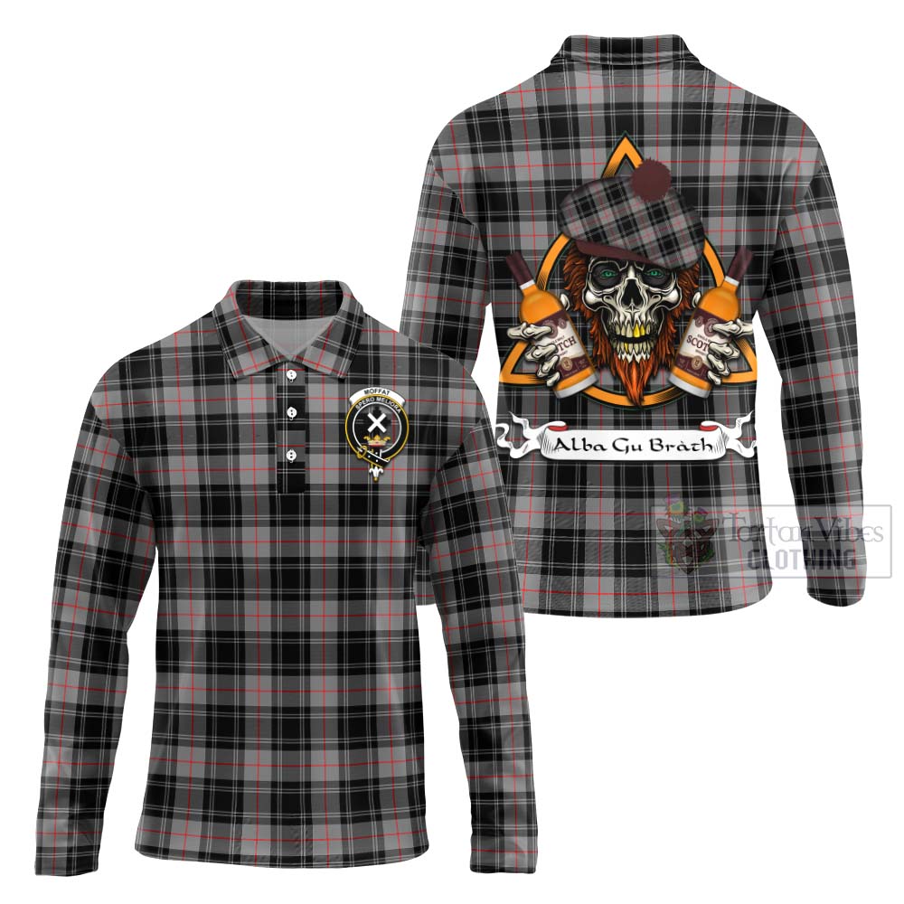 Tartan Vibes Clothing Moffat Tartan Long Sleeve Polo Shirt with Family Crest and Bearded Skull Holding Bottles of Whiskey