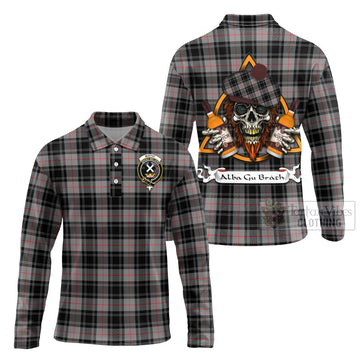 Moffat Tartan Long Sleeve Polo Shirt with Family Crest and Bearded Skull Holding Bottles of Whiskey