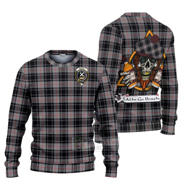 Moffat Tartan Ugly Sweater with Family Crest and Bearded Skull Holding Bottles of Whiskey