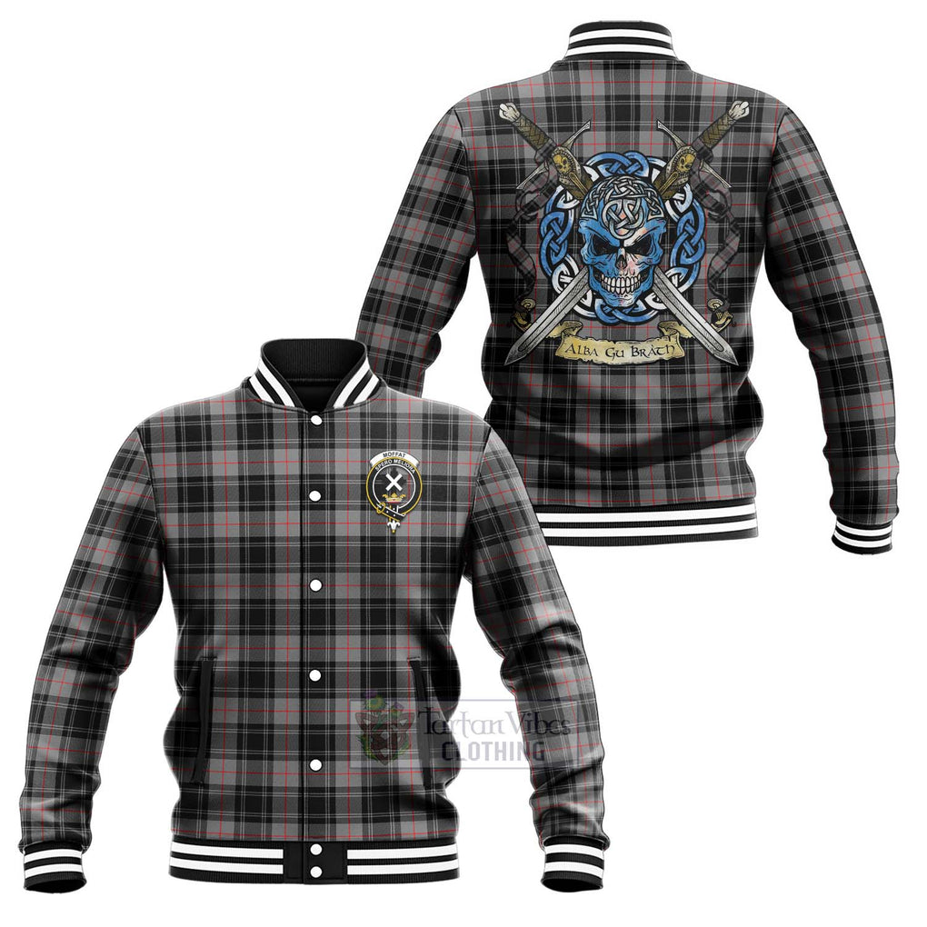 Tartan Vibes Clothing Moffat Tartan Baseball Jacket with Family Crest Celtic Skull Style