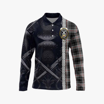 Moffat Tartan Long Sleeve Polo Shirt with Family Crest Cross Sword Thistle Celtic Vibes