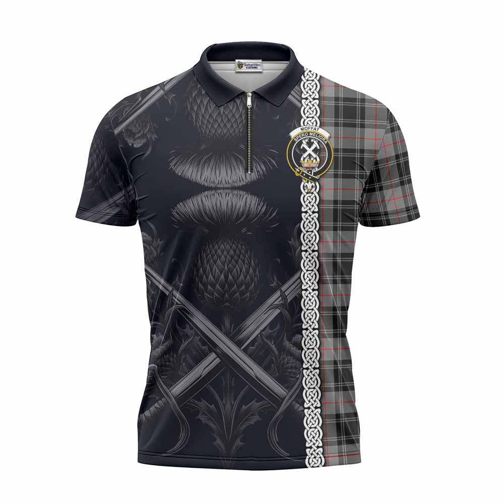 Tartan Vibes Clothing Moffat Tartan Zipper Polo Shirt with Family Crest Cross Sword Thistle Celtic Vibes