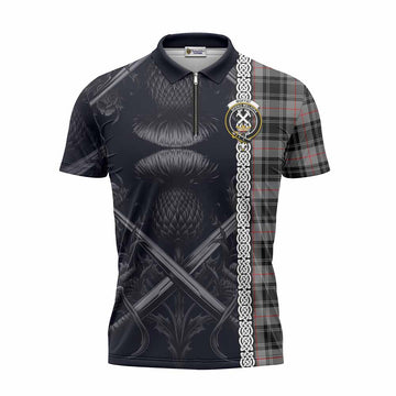 Moffat Tartan Zipper Polo Shirt with Family Crest Cross Sword Thistle Celtic Vibes