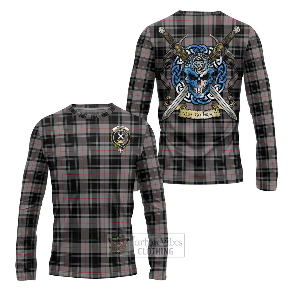 Tartan Vibes Clothing Moffat Tartan Long Sleeve T-Shirt with Family Crest Celtic Skull Style