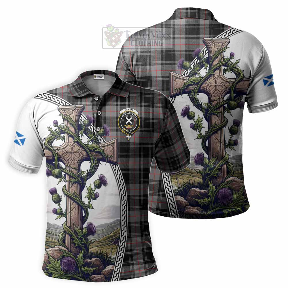 Tartan Vibes Clothing Moffat Tartan Polo Shirt with Family Crest and St. Andrew's Cross Accented by Thistle Vines