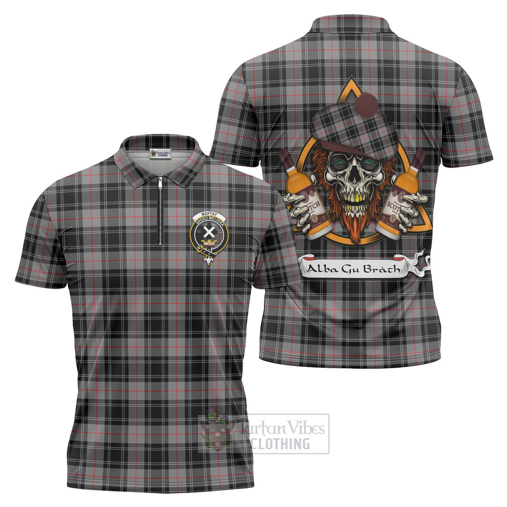 Tartan Vibes Clothing Moffat Tartan Zipper Polo Shirt with Family Crest and Bearded Skull Holding Bottles of Whiskey