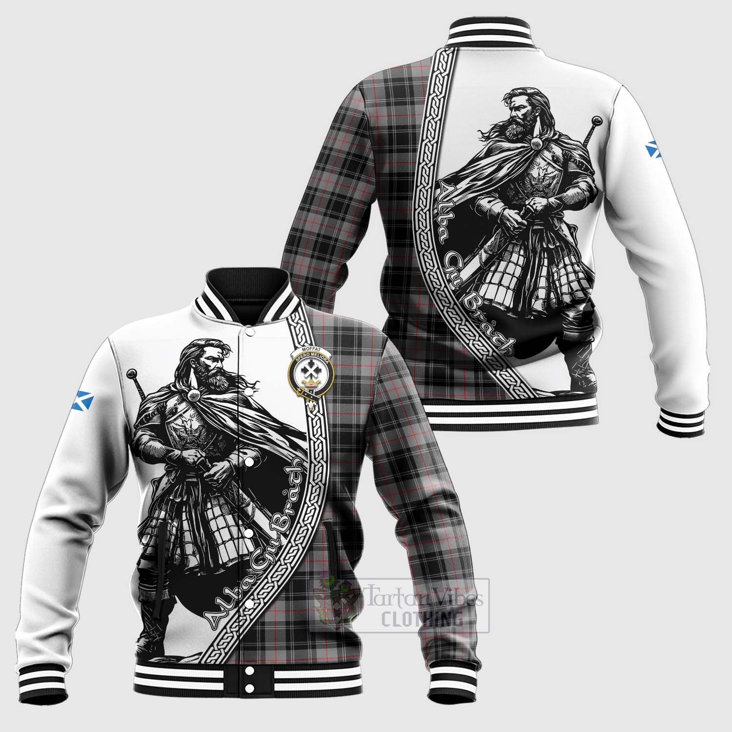 Tartan Vibes Clothing Moffat Tartan Clan Crest Baseball Jacket with Highlander Warrior Celtic Style