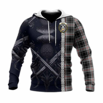 Moffat Tartan Knitted Hoodie with Family Crest Cross Sword Thistle Celtic Vibes