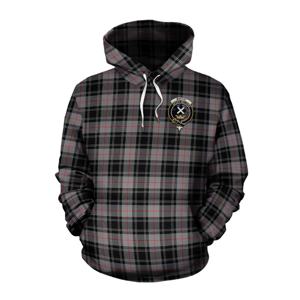 Tartan Vibes Clothing Moffat Tartan Cotton Hoodie with Family Crest and Bearded Skull Holding Bottles of Whiskey