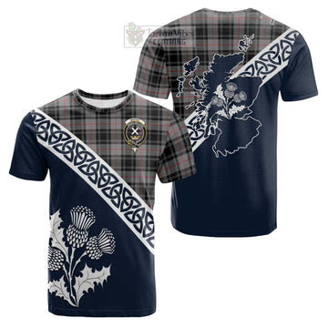 Moffat Tartan Cotton T-shirt Featuring Thistle and Scotland Map