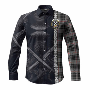 Moffat Tartan Long Sleeve Button Shirt with Family Crest Cross Sword Thistle Celtic Vibes