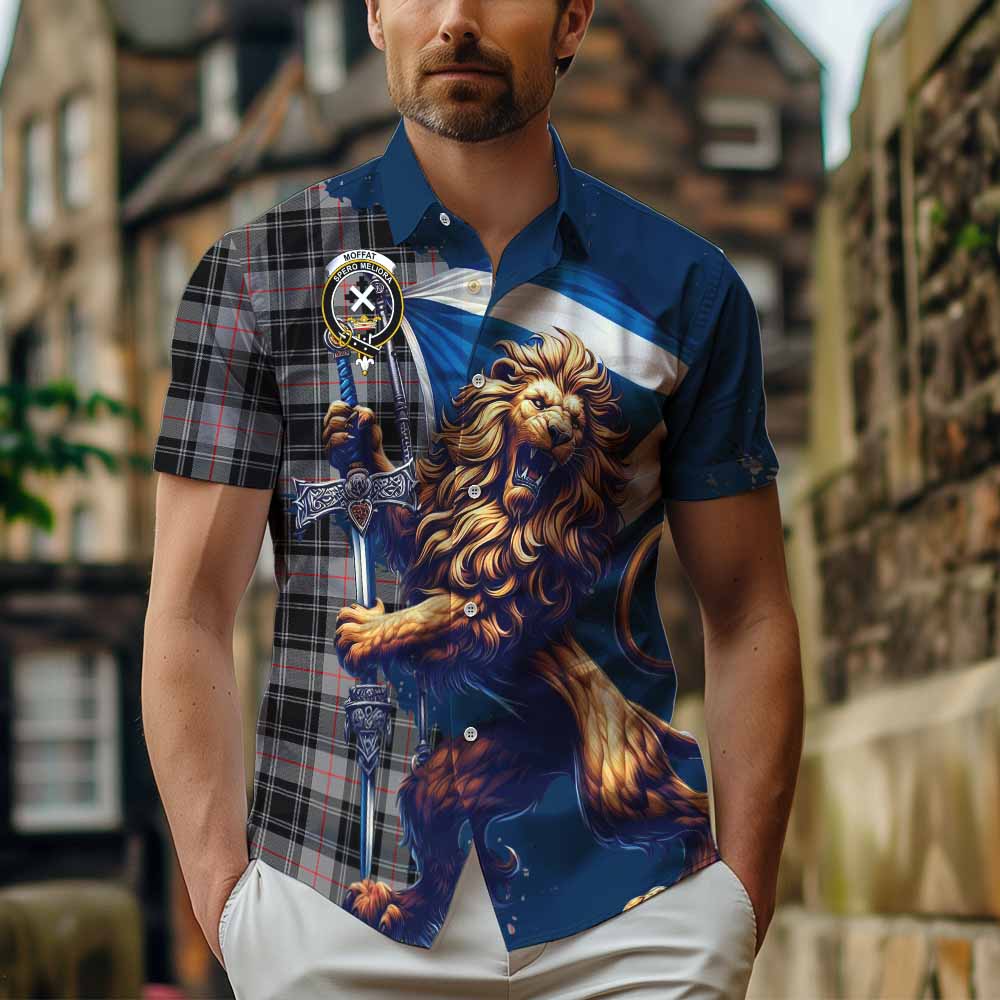 Tartan Vibes Clothing Moffat Tartan Family Crest Short Sleeve Button Shirt with Scottish Majestic Lion