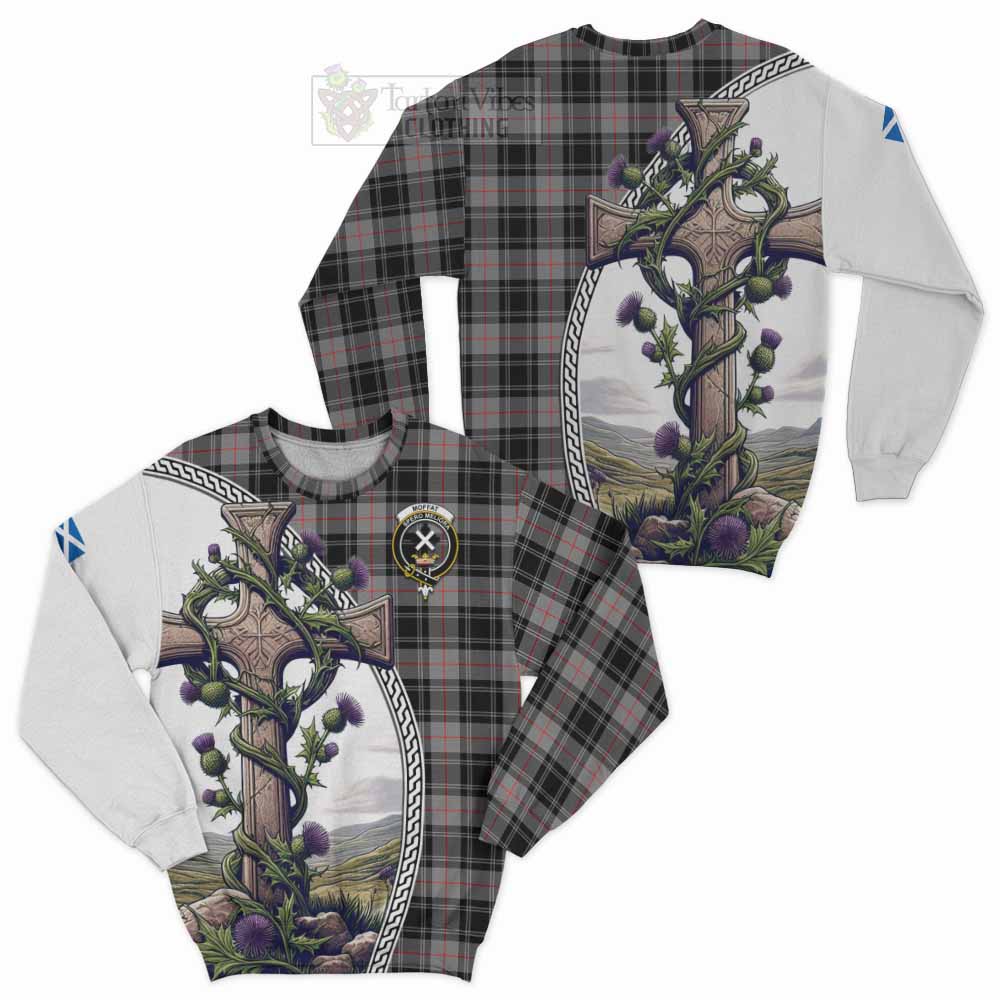 Tartan Vibes Clothing Moffat Tartan Sweatshirt with Family Crest and St. Andrew's Cross Accented by Thistle Vines