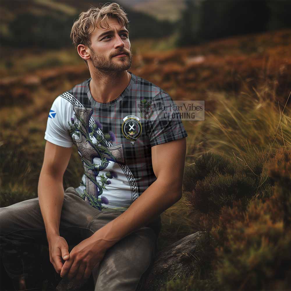 Tartan Vibes Clothing Moffat Agnew Tartan T-Shirt with Family Crest and St. Andrew's Cross Accented by Thistle Vines