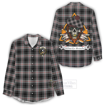 Moffat Tartan Women's Casual Shirt with Family Crest and Bearded Skull Holding Bottles of Whiskey