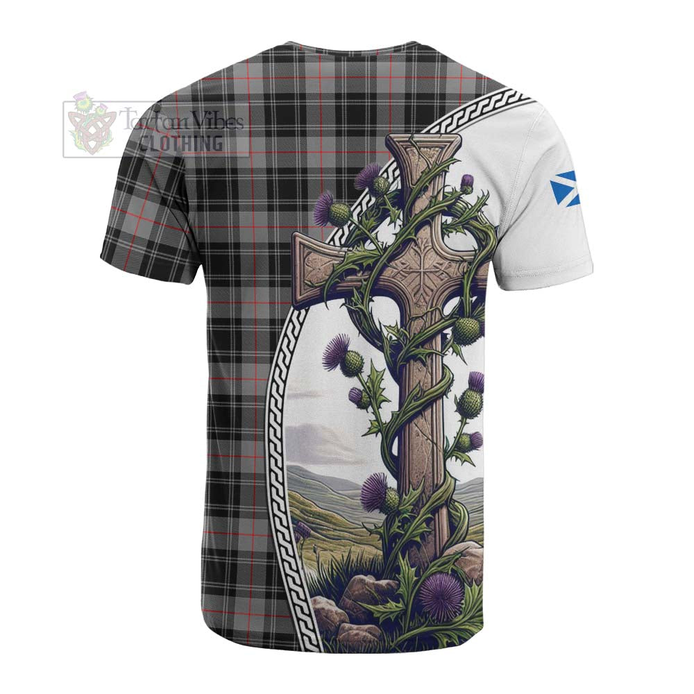 Tartan Vibes Clothing Moffat Tartan Cotton T-shirt with Family Crest and St. Andrew's Cross Accented by Thistle Vines