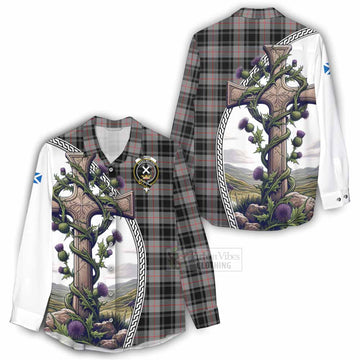 Moffat Tartan Women's Casual Shirt with Family Crest and St. Andrew's Cross Accented by Thistle Vines