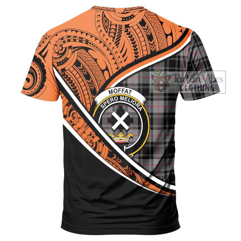 Tartan Vibes Clothing Moffat Crest Tartan T-Shirt with Maori Tattoo Style - Orange Version