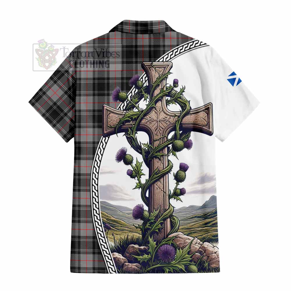 Tartan Vibes Clothing Moffat Tartan Short Sleeve Button Shirt with Family Crest and St. Andrew's Cross Accented by Thistle Vines