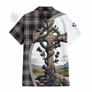 Moffat Tartan Short Sleeve Button Shirt with Family Crest and St. Andrew's Cross Accented by Thistle Vines