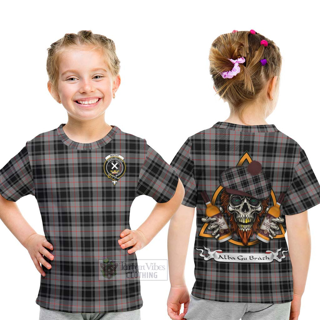 Tartan Vibes Clothing Moffat Tartan Kid T-Shirt with Family Crest and Bearded Skull Holding Bottles of Whiskey