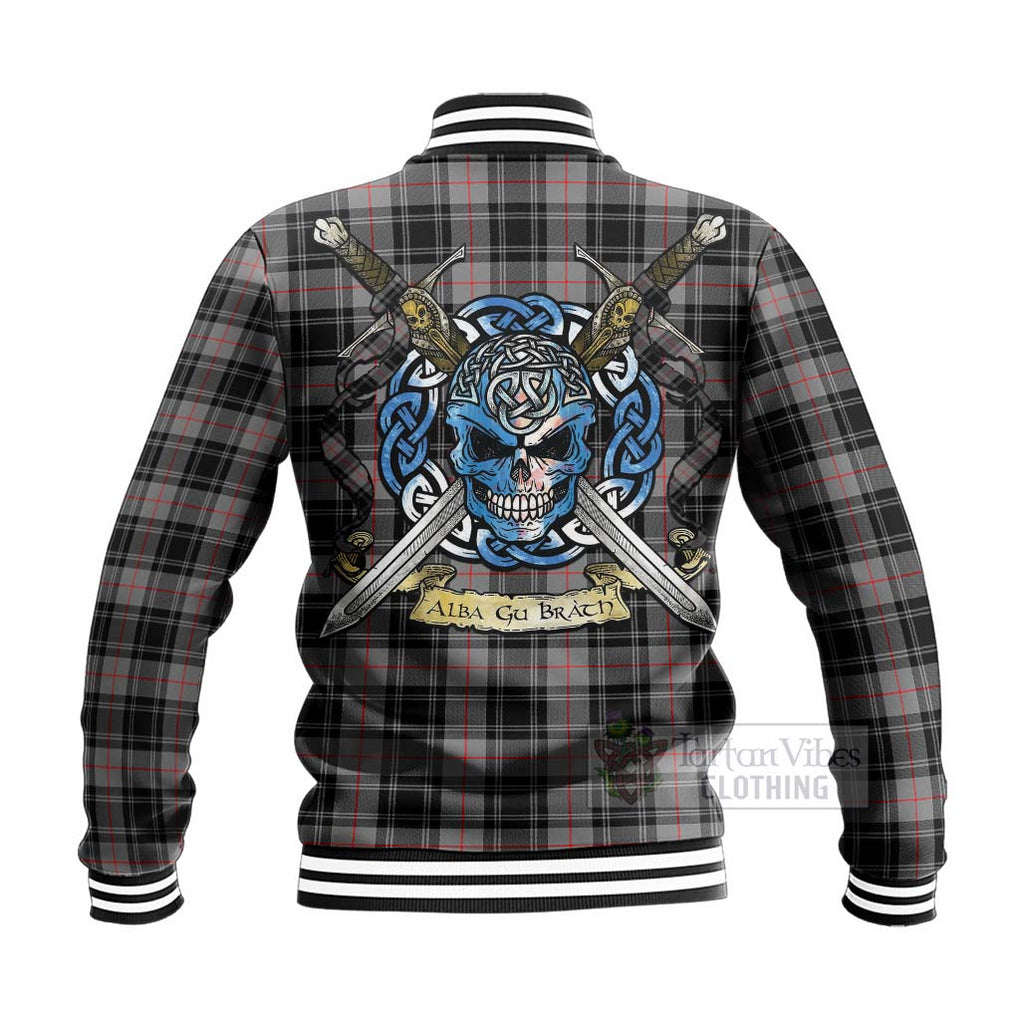 Tartan Vibes Clothing Moffat Tartan Baseball Jacket with Family Crest Celtic Skull Style