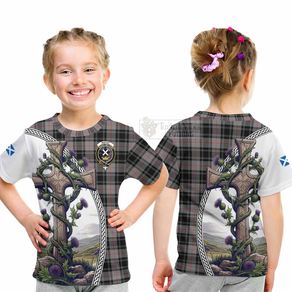 Tartan Vibes Clothing Moffat Tartan Kid T-Shirt with Family Crest and St. Andrew's Cross Accented by Thistle Vines