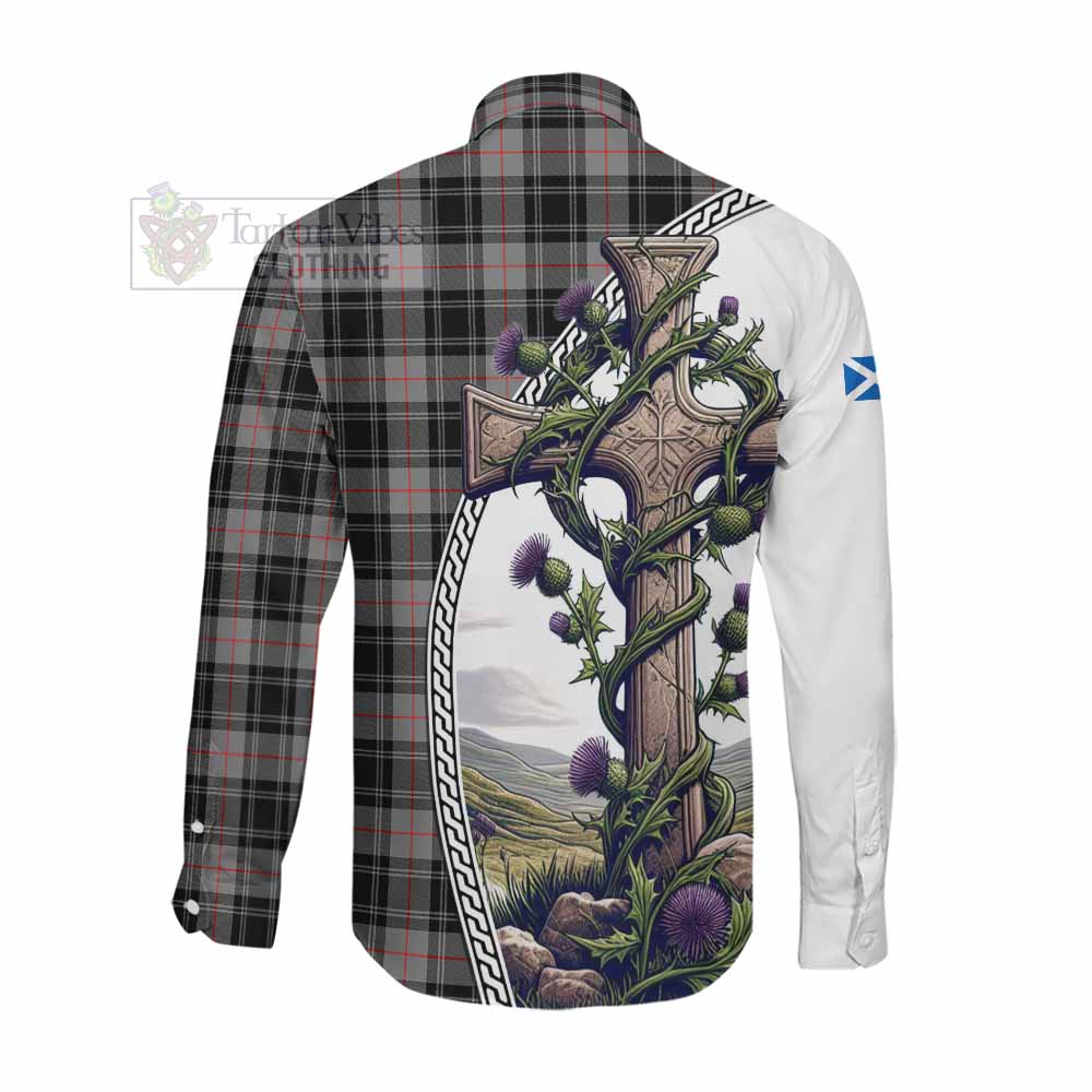 Tartan Vibes Clothing Moffat Tartan Long Sleeve Button Shirt with Family Crest and St. Andrew's Cross Accented by Thistle Vines