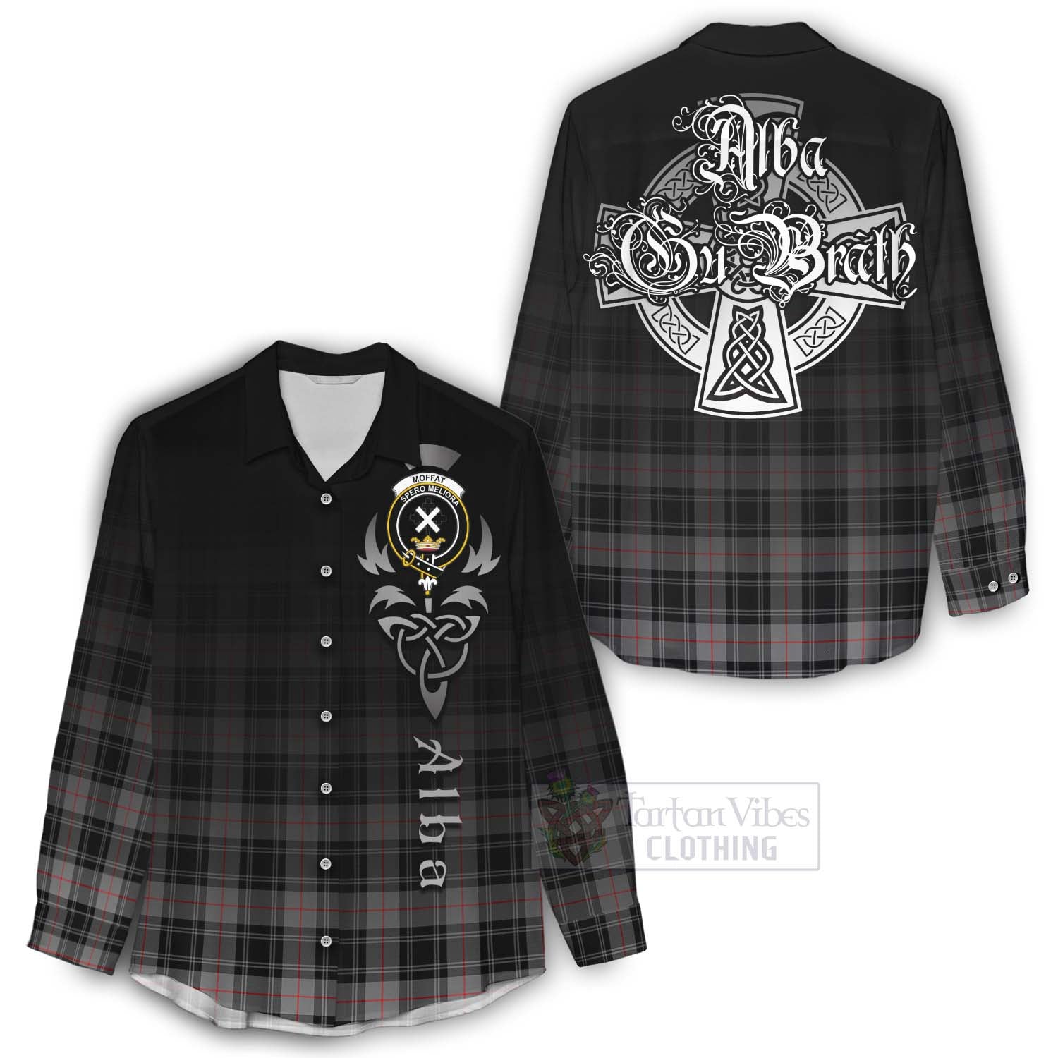 Tartan Vibes Clothing Moffat Tartan Women's Casual Shirt Featuring Alba Gu Brath Family Crest Celtic Inspired