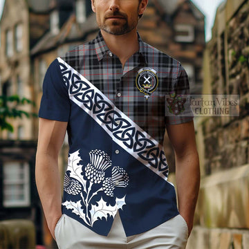 Moffat Tartan Short Sleeve Button Shirt Featuring Thistle and Scotland Map