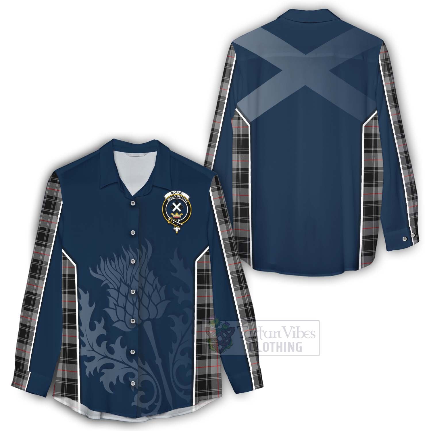 Tartan Vibes Clothing Moffat Tartan Women's Casual Shirt with Family Crest and Scottish Thistle Vibes Sport Style