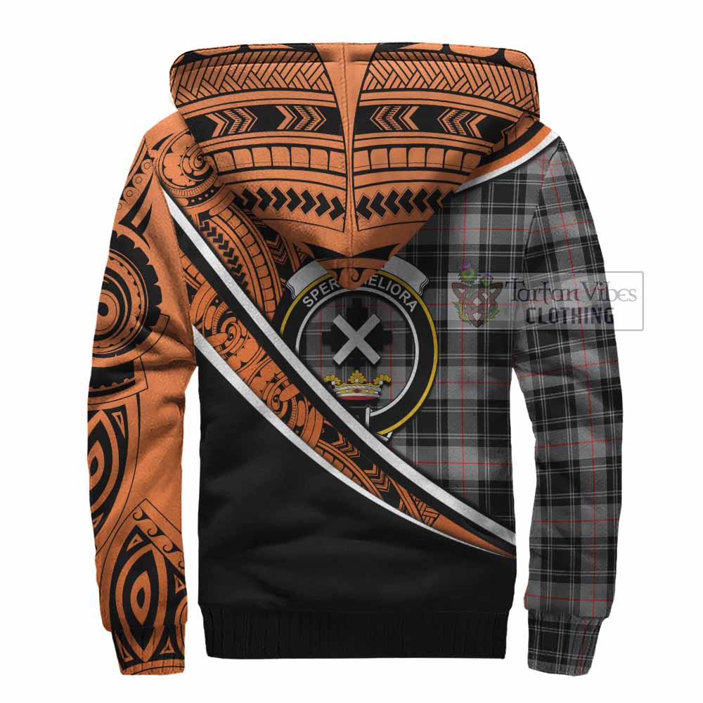 Tartan Vibes Clothing Moffat Crest Tartan Sherpa Hoodie with Maori Tattoo Style - Orange Version