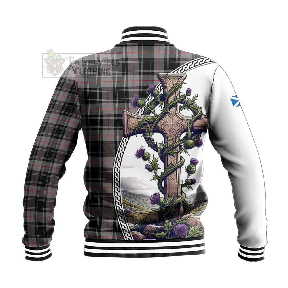 Tartan Vibes Clothing Moffat Tartan Baseball Jacket with Family Crest and St. Andrew's Cross Accented by Thistle Vines