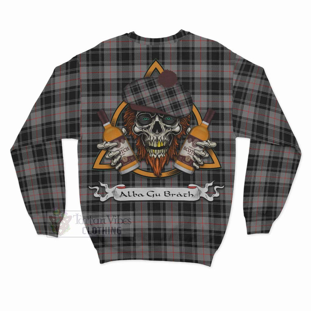 Tartan Vibes Clothing Moffat Tartan Sweatshirt with Family Crest and Bearded Skull Holding Bottles of Whiskey