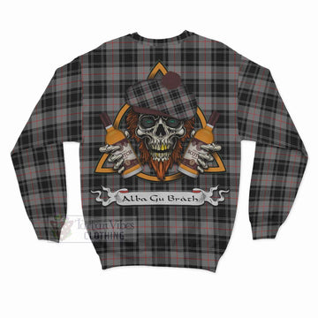 Moffat Tartan Sweatshirt with Family Crest and Bearded Skull Holding Bottles of Whiskey