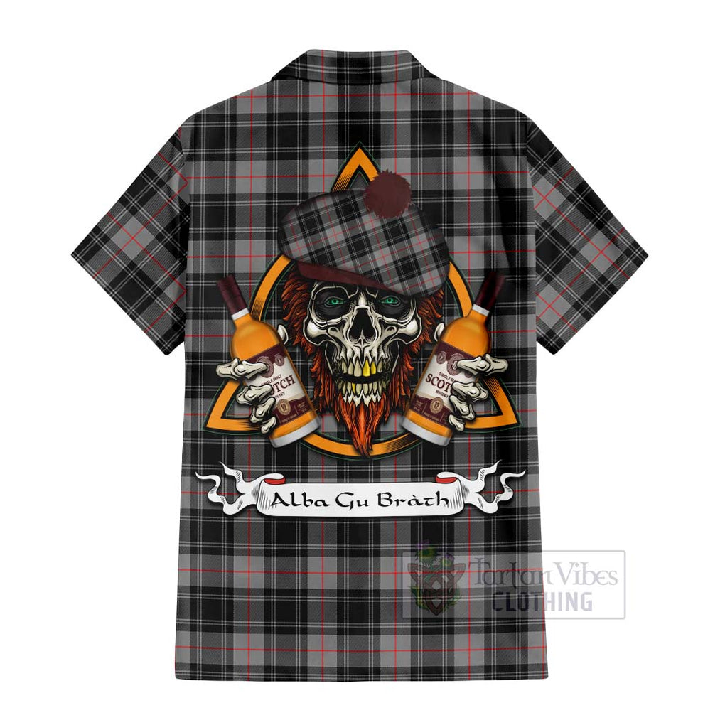 Tartan Vibes Clothing Moffat Tartan Short Sleeve Button Shirt with Family Crest and Bearded Skull Holding Bottles of Whiskey