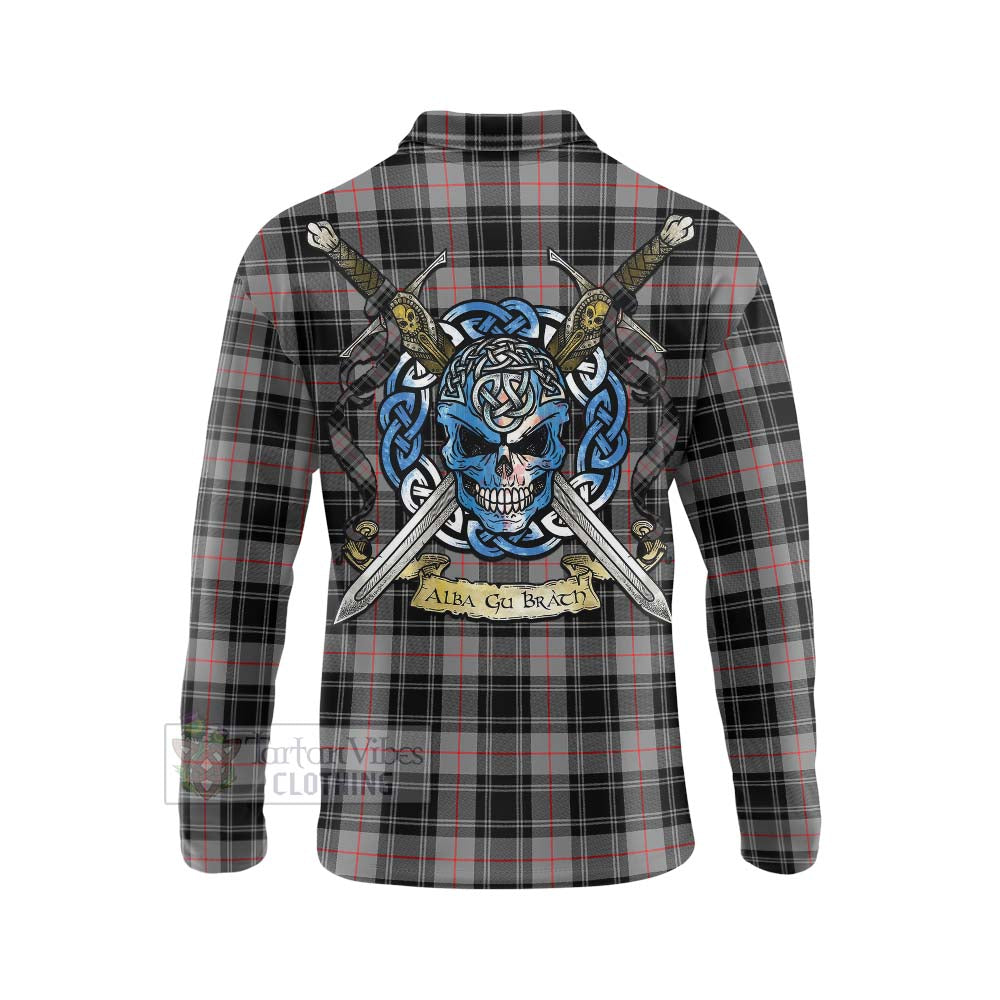 Tartan Vibes Clothing Moffat Tartan Long Sleeve Polo Shirt with Family Crest Celtic Skull Style