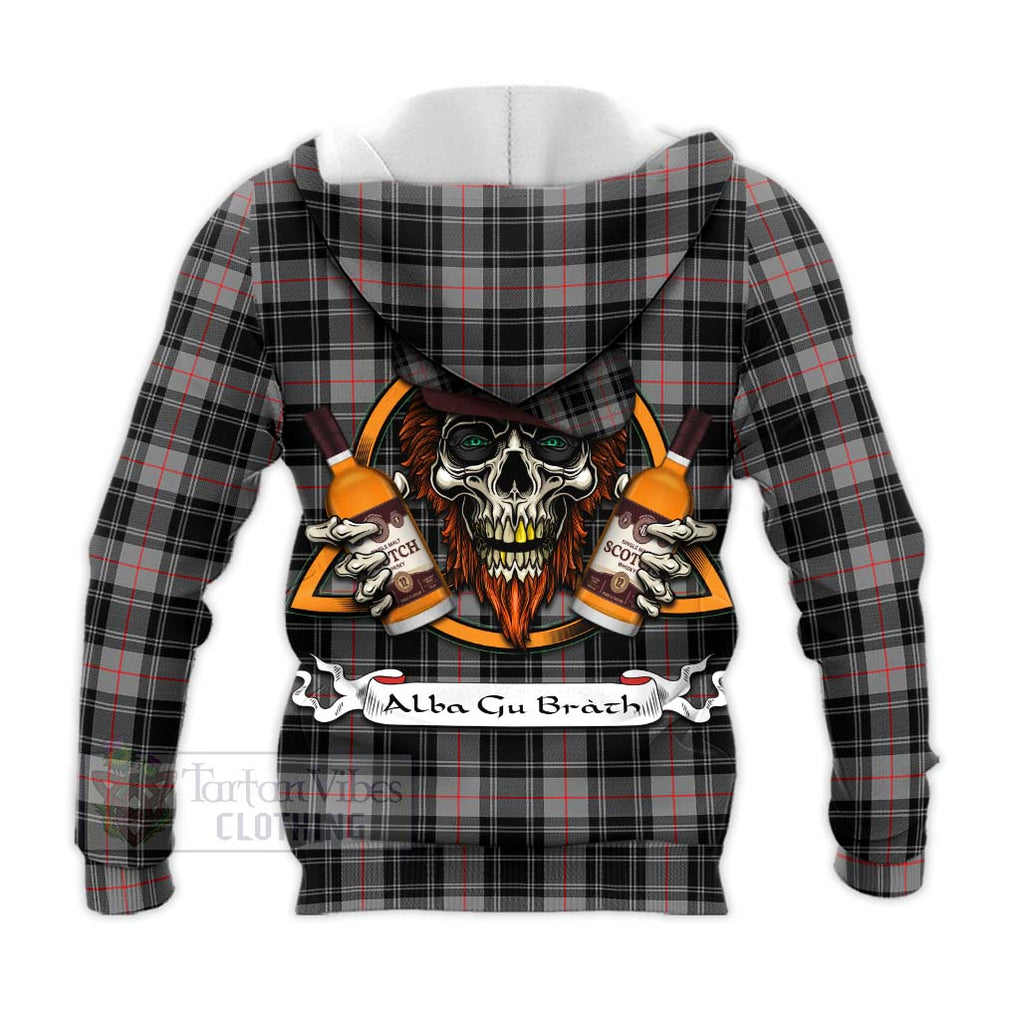 Tartan Vibes Clothing Moffat Tartan Knitted Hoodie with Family Crest and Bearded Skull Holding Bottles of Whiskey