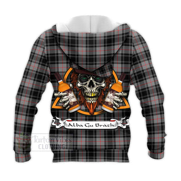 Moffat Tartan Knitted Hoodie with Family Crest and Bearded Skull Holding Bottles of Whiskey