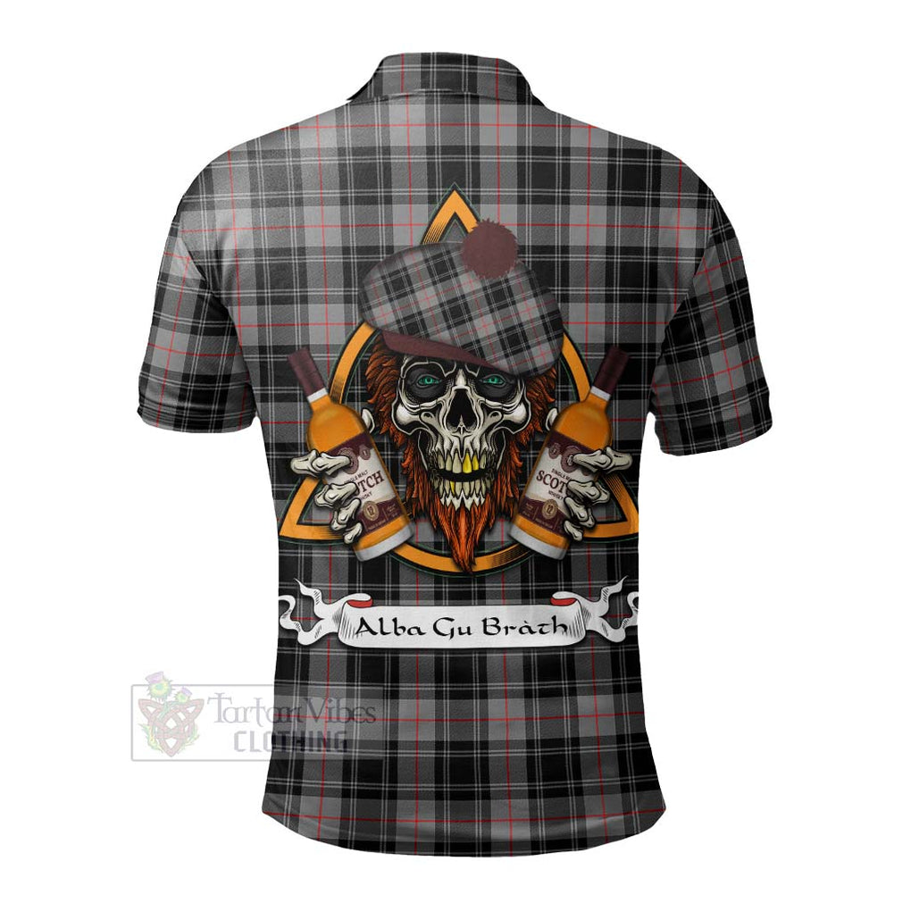 Tartan Vibes Clothing Moffat Tartan Polo Shirt with Family Crest and Bearded Skull Holding Bottles of Whiskey