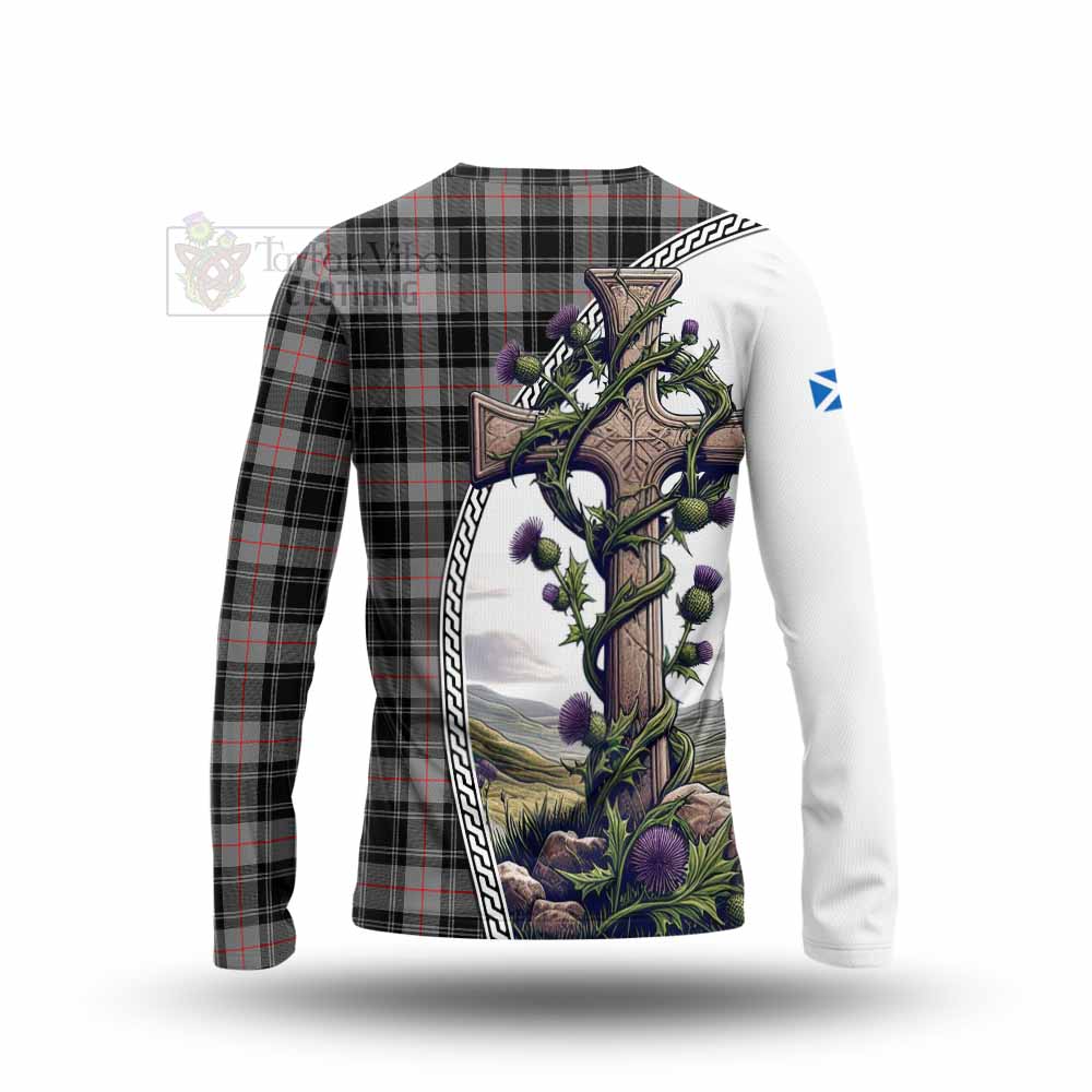 Tartan Vibes Clothing Moffat Tartan Long Sleeve T-Shirt with Family Crest and St. Andrew's Cross Accented by Thistle Vines