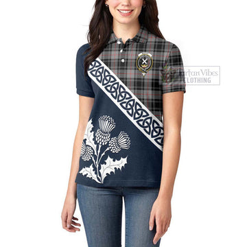 Moffat Tartan Women's Polo Shirt Featuring Thistle and Scotland Map