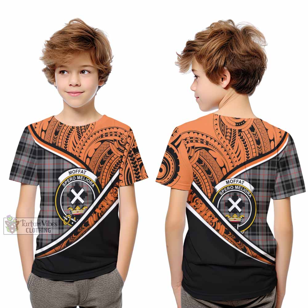 Tartan Vibes Clothing Moffat Crest Tartan Kid T-Shirt with Maori Tattoo Style - Orange Version