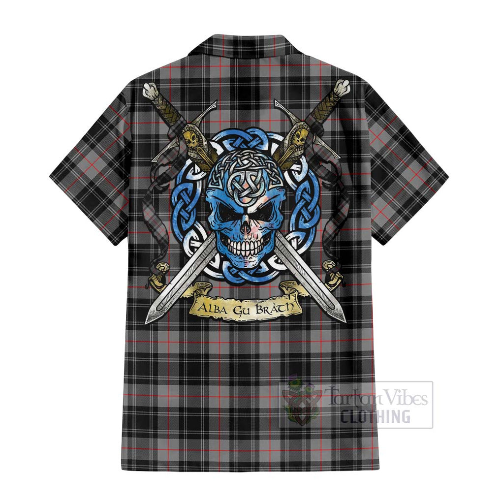 Tartan Vibes Clothing Moffat Tartan Short Sleeve Button Shirt with Family Crest Celtic Skull Style