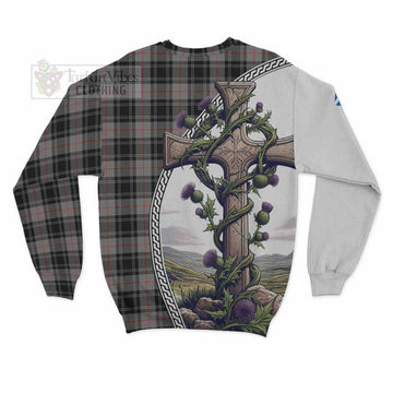 Moffat Tartan Sweatshirt with Family Crest and St. Andrew's Cross Accented by Thistle Vines